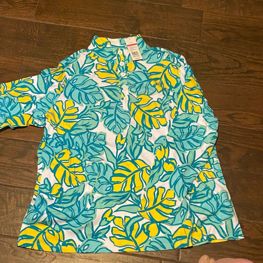 Kim Rogers Tropical Leaf Print Pullover in Teal, Yellow, White